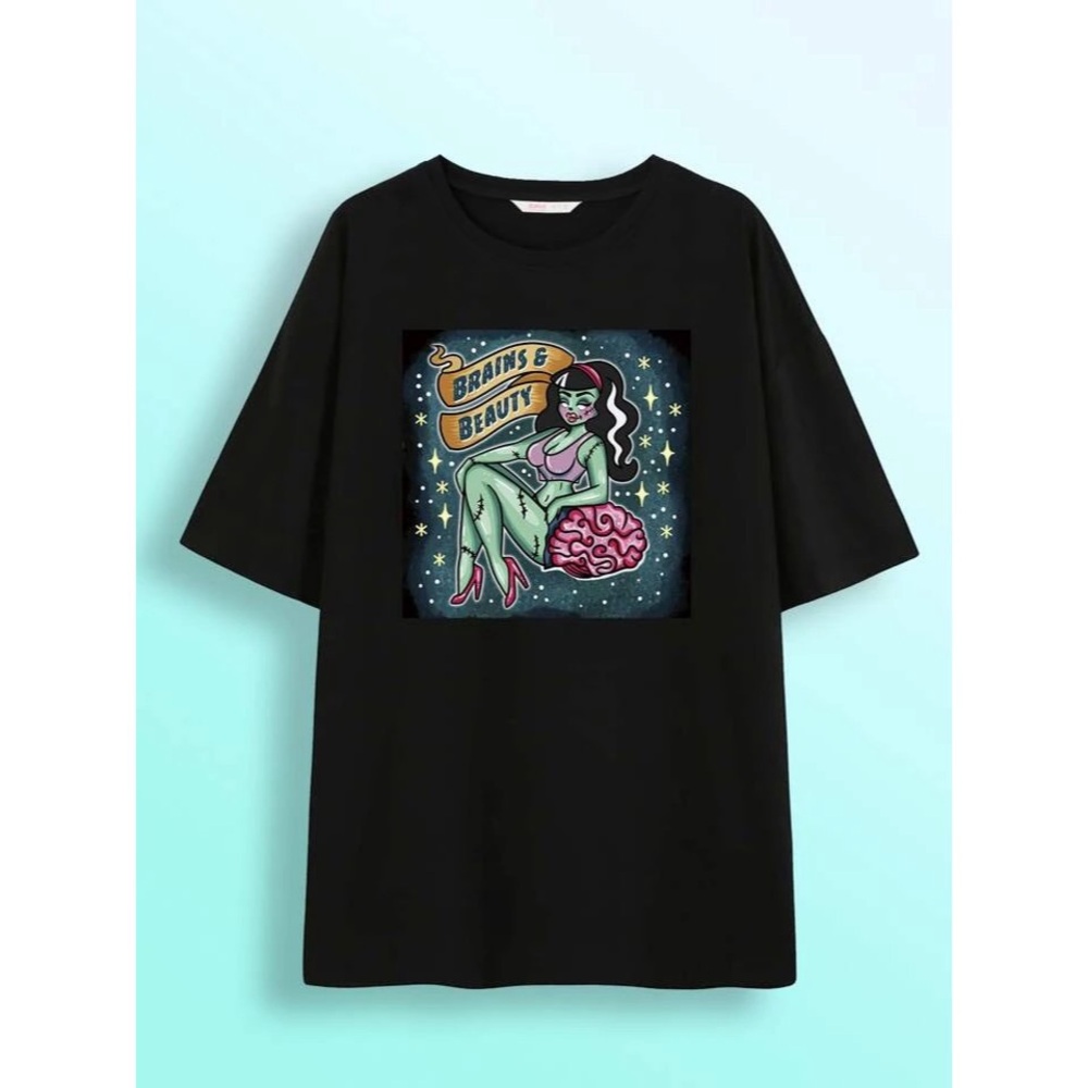 Romwe Lady Frankenstein Pinup Brains & Beauty Graphic Tee NWT!